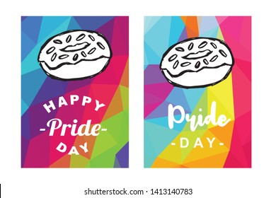 Rainbow Vector Happy Pride Day Card and Poster of Donut Fast Food. Flat, Icon, Sign, Symbol, Object, Graphic Design, Element, Illustration for Print.