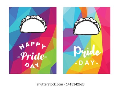 Rainbow Vector Happy Pride Day Card and Poster of Tacos Fast Food. Flat, Icon, Sign, Symbol, Object, Graphic Design, Element, Illustration for Print.