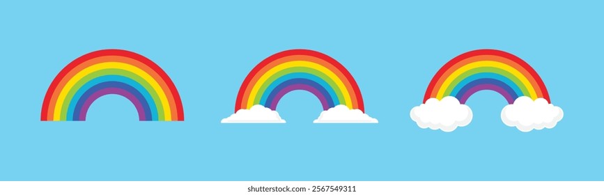 Rainbow vector icon set. Clouds and rainbow icon set in different style. Rainbow icon on white background. Vector icon.
