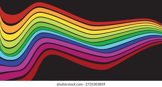 Ilustración vectorial del arco iris. Diseño abstracto colorido. Símbolo gráfico de colores del espectro del arco iris sobre un fondo negro.