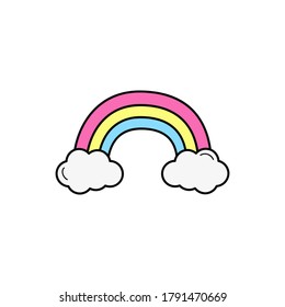 Rainbow vector illustration icon. Doodle hand drawn outlined cartoon rainbow arch in pink, yellow and blue colors. Isolated.