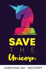 Rainbow Vector Illustration of Icon with Text / Typography "Save The Unicorn". Graphic Design for Poster, Cards, Shirt, Wallpaper and Background.