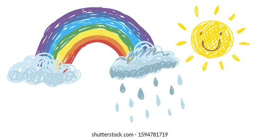 Rainbow vector illustration. Kindergarten Cartoon kids drawing for little children.