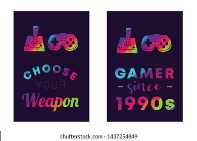Rainbow Vector Illustration Set or Collection of Gaming Controller with Text / Typography "Choose Your Weapon and Gamer Since 1990s". Graphic Design for Poster, Cards, Shirt, and Background.