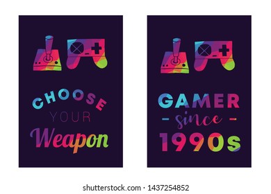 Rainbow Vector Illustration Set or Collection of Gaming Controller with Text / Typography "Choose Your Weapon and Gamer Since 1990s". Graphic Design for Poster, Cards, Shirt, and Background.