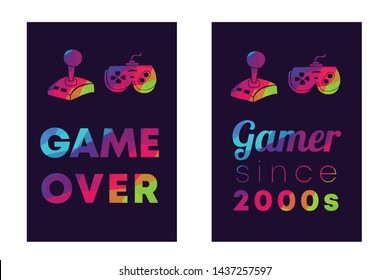 Rainbow Vector Illustration Set or Collection of Gaming Controller with Text / Typography "Game Over and Gamer Since 2000s". Graphic Design for Poster, Cards, Shirt, and Background.