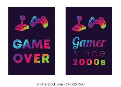 Rainbow Vector Illustration Set or Collection of Gaming Controller with Text / Typography "Game Over and Gamer Since 2000s". Graphic Design for Poster, Cards, Shirt, and Background.