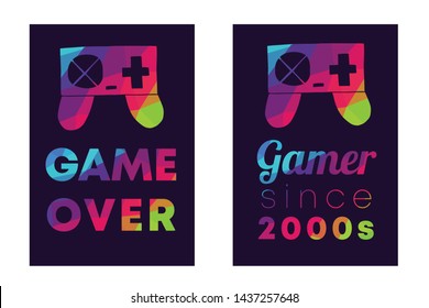 Rainbow Vector Illustration Set or Collection of Gaming Controller with Text / Typography "Game Over and Gamer Since 2000s". Graphic Design for Poster, Cards, Shirt, and Background.