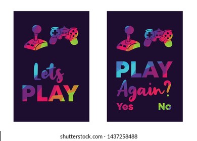 Rainbow Vector Illustration Set or Collection of Gaming Controller with Text / Typography "Let's Play and Play Again? Yes No". Graphic Design for Poster, Cards, Shirt, and Background.