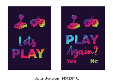 Rainbow Vector Illustration Set or Collection of Gaming Controller with Text / Typography "Let's Play and Play Again? Yes No". Graphic Design for Poster, Cards, Shirt, and Background.