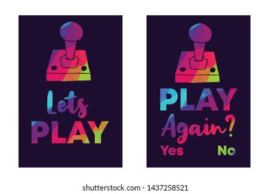 Rainbow Vector Illustration Set or Collection of Gaming Controller with Text / Typography "Let's Play and Play Again? Yes No". Graphic Design for Poster, Cards, Shirt, and Background.