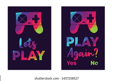 Rainbow Vector Illustration Set or Collection of Gaming Controller with Text / Typography "Let's Play and Play Again? Yes No". Graphic Design for Poster, Cards, Shirt, and Background.