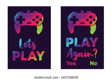 Rainbow Vector Illustration Set or Collection of Gaming Controller with Text / Typography "Let's Play and Play Again? Yes No". Graphic Design for Poster, Cards, Shirt, and Background.