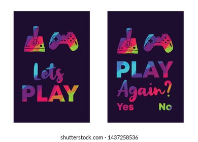 Rainbow Vector Illustration Set or Collection of Gaming Controller with Text / Typography "Let's Play and Play Again? Yes No". Graphic Design for Poster, Cards, Shirt, and Background.