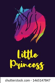 Rainbow Vector Illustration of Unicorn Icon with Text / Typography "Little Princess". Graphic Design for Poster, Cards, Shirt, Wallpaper and Background.