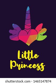 Rainbow Vector Illustration of Unicorn Icon with Text / Typography "Little Princess". Graphic Design for Poster, Cards, Shirt, Wallpaper and Background.
