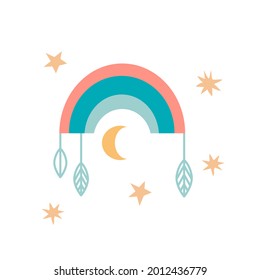 Rainbow vector isolated illustration. Scandinavian style. Stars, moon and feathers.