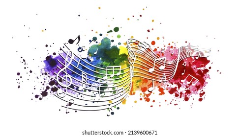 rainbow vector music background with notes and watercolor splash