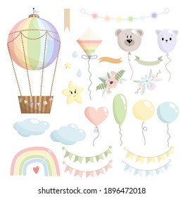 Rainbow vector set of hot air balloon, stars, garland, ribbon without text, clouds, balloons, kite, bear, rainbow, drops, paper flags, and flower compositions on white background. Kids illustration. 