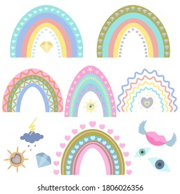 Rainbow. Vector set of illustrations. Isolated white background. Boho style. Colorful collection. A striking natural phenomenon. Ethnic motives. Multicolored stripes with fantasy patterns. Pastel tone