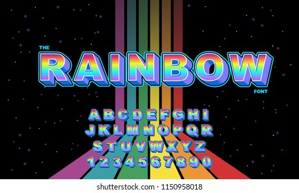 Rainbow Vector of stylized vintage font and alphabet. 80's retro alphabet font. Rainbow Vintage Alphabet vector 80's, 90's Old style graphic poster set. Type letters, numbers. Chiseled block letters