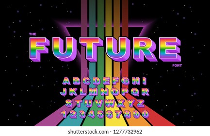 Rainbow Vector Of Stylized Vintage Font And Alphabet. 80's Retro Font. Vector Typography For Flyers, Posters.Gold Effect Shiny Letters. 80s Metallic Style, Vintage Metal. Retro Futurism Sci-Fi.