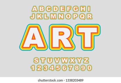 Rainbow Vector of stylized vintage font and alphabet. 80's retro alphabet font. Rainbow Vintage Alphabet vector 80's, 90's Old style graphic poster set. Type letters, numbers. Chiseled block letters