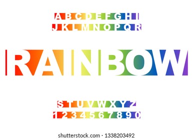 Rainbow Vector of stylized vintage font and alphabet. 80's retro alphabet font. Rainbow Vintage Alphabet vector 80's, 90's Old style graphic poster set. Type letters, numbers. Chiseled block letters