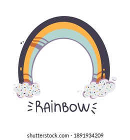 Rainbow vector in trending colors Marigold, Blue Atoll and Orange Ochre. Multicolored arch on clouds, cute design element in cartoon style. Handwritten lettering.