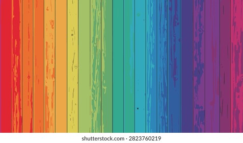 Rainbow vertical wood planks featuring natural grain and knots. Color gradient transitions from red to purple across weathered timber surface, creating a vibrant backdrop.