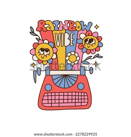 Rainbow vibe isolated lettering concept. Groovy typewriter with rainbow and flowers. 70s, 80s, 90s style trippy sticker. Retro vibe writer equipment. Vector Vintage nostalgia element for card, poster.