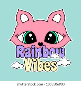 RAINBOW VIBES TYPOGRAPHY, ILLUSTRATION OF A FOX WITH CUTE EYES, SLOGAN PRINT VECTOR