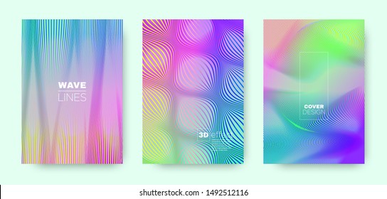 Rainbow Vibrant Banner. 3d Design Background. Movement Halftone Texture. Bright Geometric Covers Set. Hologram Background. Vector 3d Lines Concept. Hologram Distorted Texture.