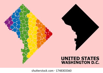 Rainbow vibrant collage vector map of Washington DC for LGBT, and black version. Geographic collage map of Washington DC is designed with randomized round spheric dots.