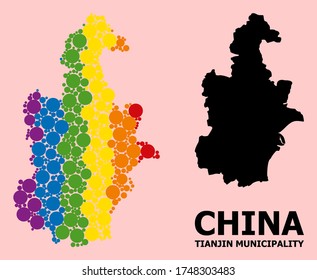 Rainbow vibrant collage vector map of Tianjin Municipality for LGBT, and black version. Geographic collage map of Tianjin Municipality is composed with scattered circle dots.