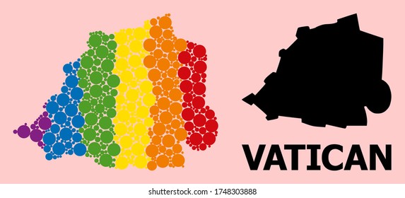 Rainbow vibrant collage vector map of Vatican for LGBT, and black version. Geographic collage map of Vatican is done from scattered circle elements.