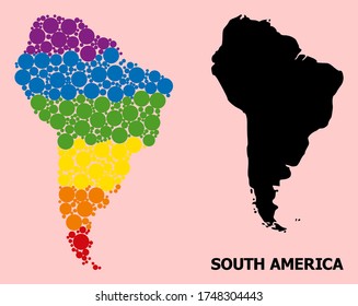 Rainbow vibrant collage vector map of South America for LGBT, and black version. Geographic collage map of South America is composed from random round spheric spots.