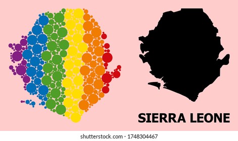 Rainbow vibrant collage vector map of Sierra Leone for LGBT, and black version. Geographic collage map of Sierra Leone is created with randomized round spheric spots.