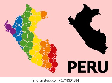 Rainbow vibrant collage vector map of Peru for LGBT, and black version. Geographic collage map of Peru is combined with randomized circle elements.