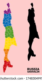 Rainbow vibrant collage vector map of Sakhalin Island for LGBT, and black version. Geographic collage map of Sakhalin Island is organized with scattered round spheric elements.