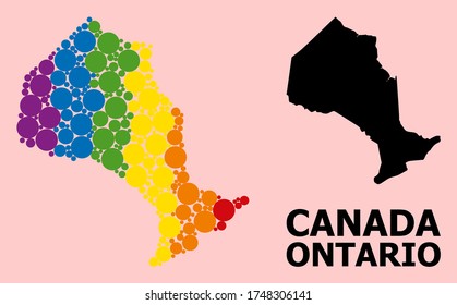Rainbow vibrant collage vector map of Ontario Province for LGBT, and black version. Geographic composition map of Ontario Province is organized with randomized circle spots.