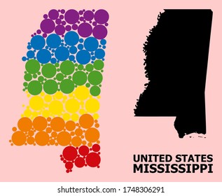 Rainbow vibrant collage vector map of Mississippi State for LGBT, and black version. Geographic concept map of Mississippi State is combined from randomized round spheric dots.