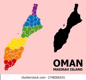 Rainbow vibrant collage vector map of Masirah Island for LGBT, and black version. Geographic collage map of Masirah Island is constructed with random circle dots.