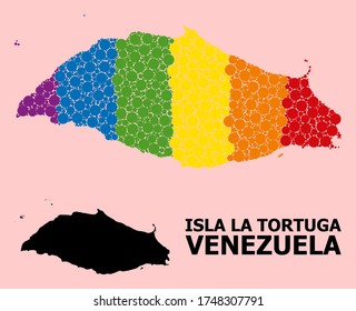 Rainbow vibrant collage vector map of Isla La Tortuga for LGBT, and black version. Geographic collage map of Isla La Tortuga is constructed with randomized circle dots.