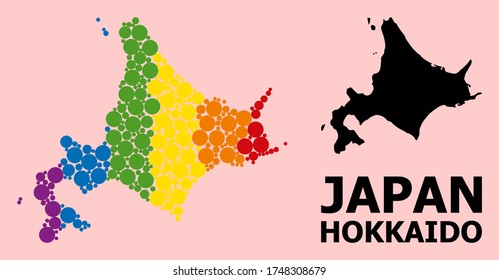Rainbow vibrant collage vector map of Hokkaido Island for LGBT, and black version. Geographic collage map of Hokkaido Island is created from random round spheric spots.