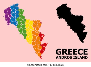 Rainbow vibrant collage vector map of Greece - Andros Island for LGBT, and black version. Geographic concept map of Greece - Andros Island is created with randomized round spheric dots.