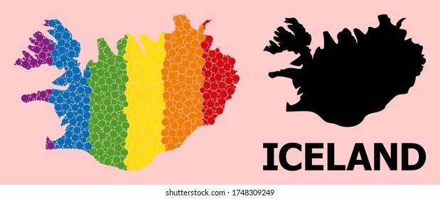 Rainbow vibrant collage vector map of Iceland for LGBT, and black version. Geographic collage map of Iceland is combined from random circle elements.