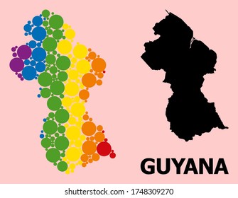 Rainbow vibrant collage vector map of Guyana for LGBT, and black version. Geographic collage map of Guyana is composed with random round spheric spots.