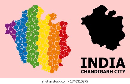 Rainbow vibrant collage vector map of Chandigarh City for LGBT, and black version. Geographic concept map of Chandigarh City is combined from random round spheric elements.