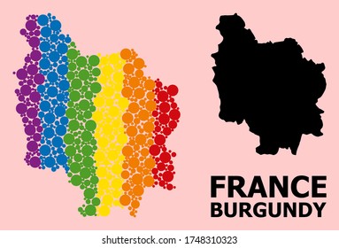 Rainbow vibrant collage vector map of Burgundy Province for LGBT, and black version. Geographic collage map of Burgundy Province is combined from scattered circle elements.